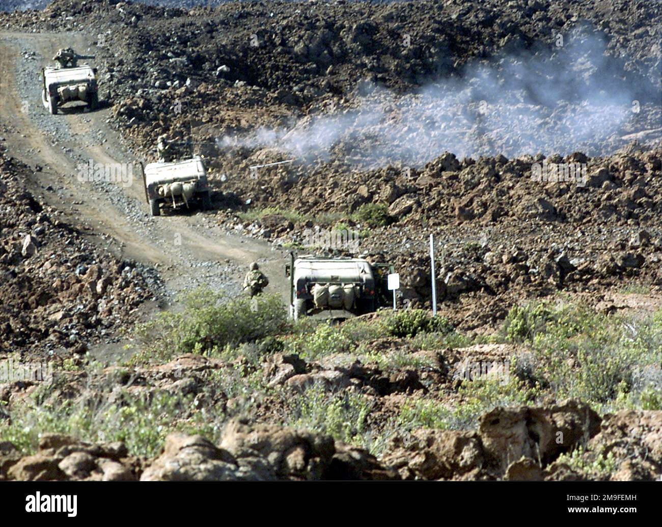 I Marines del 2nd battaglione, 3rd Weapons, Company, sparano una pistola Caliber del 50 a bordo dei loro veicoli gommati multiuso ad alta mobilità (HMMWV) durante un esercizio Combined Arms Live Fire presso la Pohakuloa Training Area sulla Big Island delle Hawaii. Base: Pohakulua Training Area Stato: Hawaii (HI) Paese: Stati Uniti d'America (USA) Foto Stock