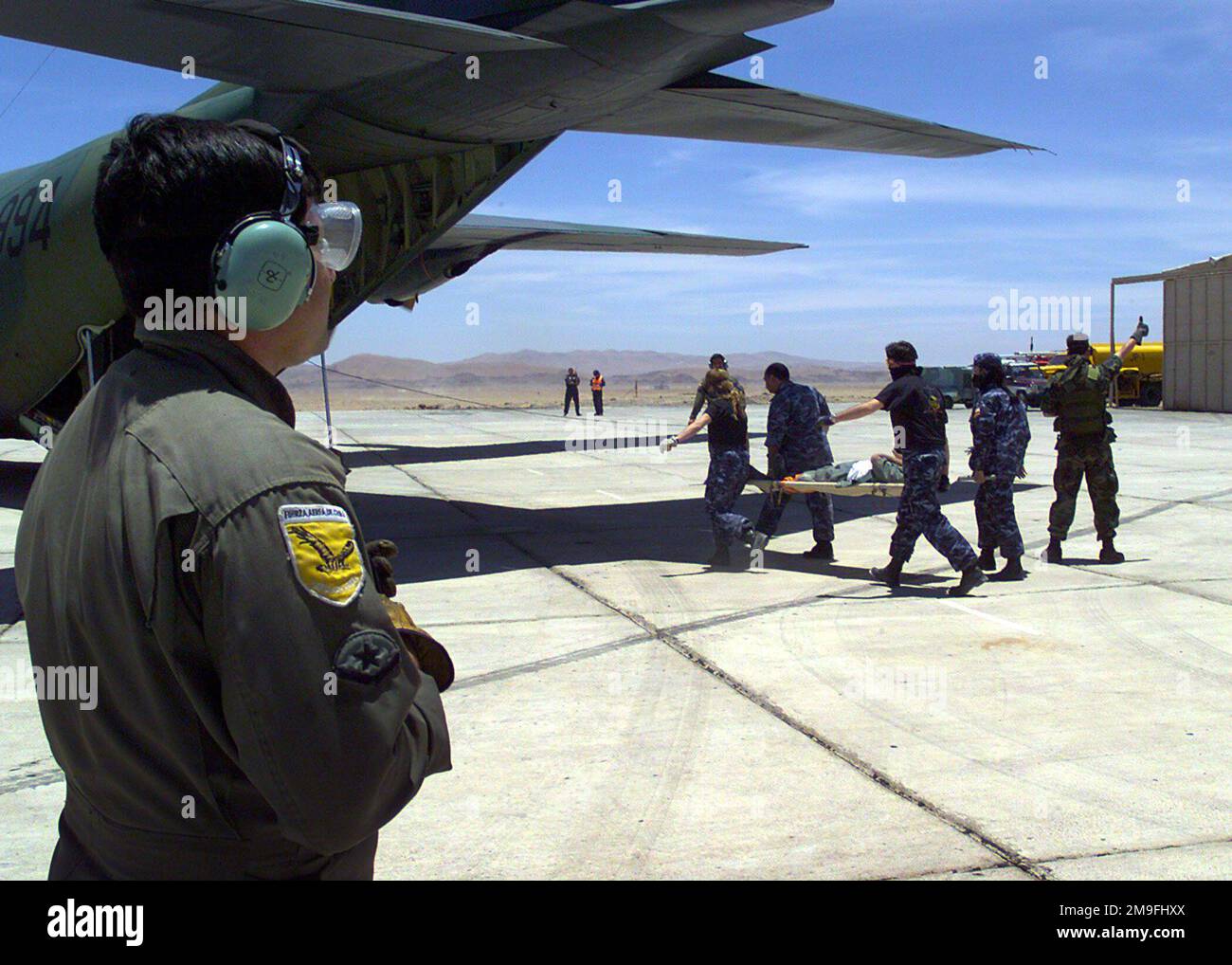 I membri dell'unità di evacuazione aerea della Fuerza Aerea de Chile, e dello Squadrone di evacuazione Aeromedica 146th, 146th Airlift Wing, California Air National Guard (CANG), caricano i pazienti a bordo di un Cileno C-130 Hercules durante un esercizio di massa che verifica l'interoperabilità delle forze USA e cilene. L'esercizio si è svolto nel deserto di Atacama. Paese: Cile (CHL) Foto Stock