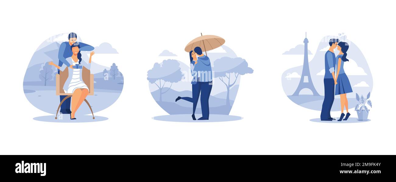 Set coppia innamorata, festa di San Valentino, Parigi con la Torre Eiffel , set piatto vettore moderna illustrazione Illustrazione Vettoriale