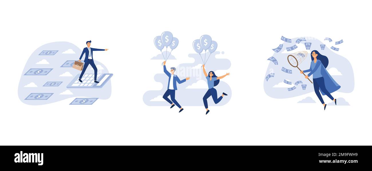 Uomo d'affari che vola con carta moneta e nuvole su sfondo blu, businessspeople su mongolfiera investire denaro per il profitto futuro, la gente cattura m Illustrazione Vettoriale