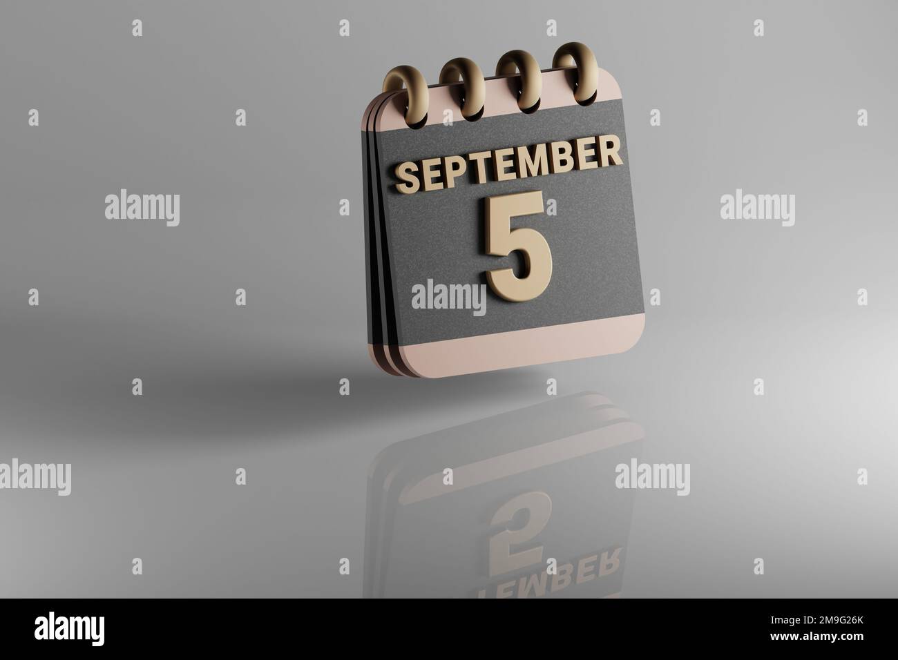 Calendario da tavolo in piedi nero e dorato mese con data settembre 5. Design moderno con elementi dorati, illustrazione in 3D. cerami bianco Foto Stock