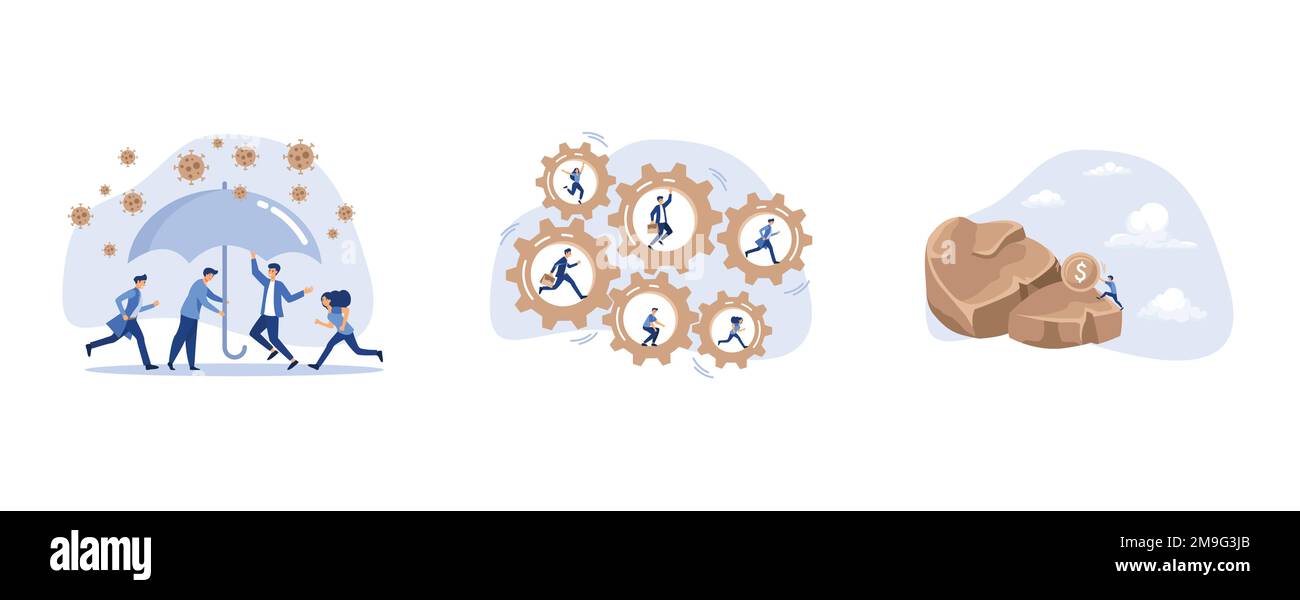 Protezione coronavirus zona sicura, lavoro di squadra collaborare per raggiungere l'obiettivo aziendale, frustrata uomo d'affari cercare così difficile per spingere enormi soldi moneta dal c Illustrazione Vettoriale