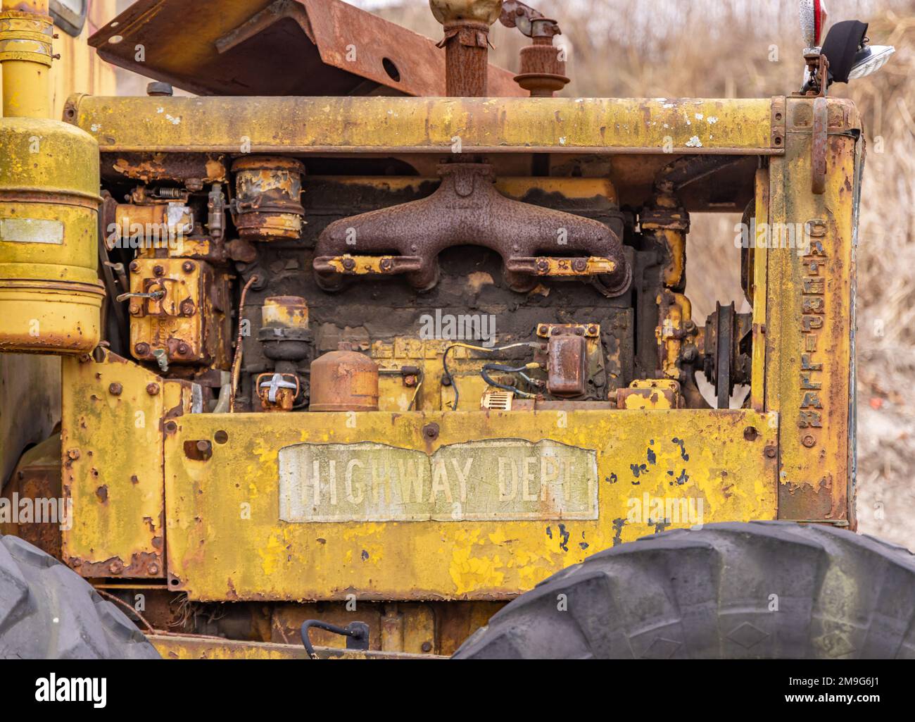 immagine dettagliata del vano motore su una vecchia livellatrice usata Foto Stock