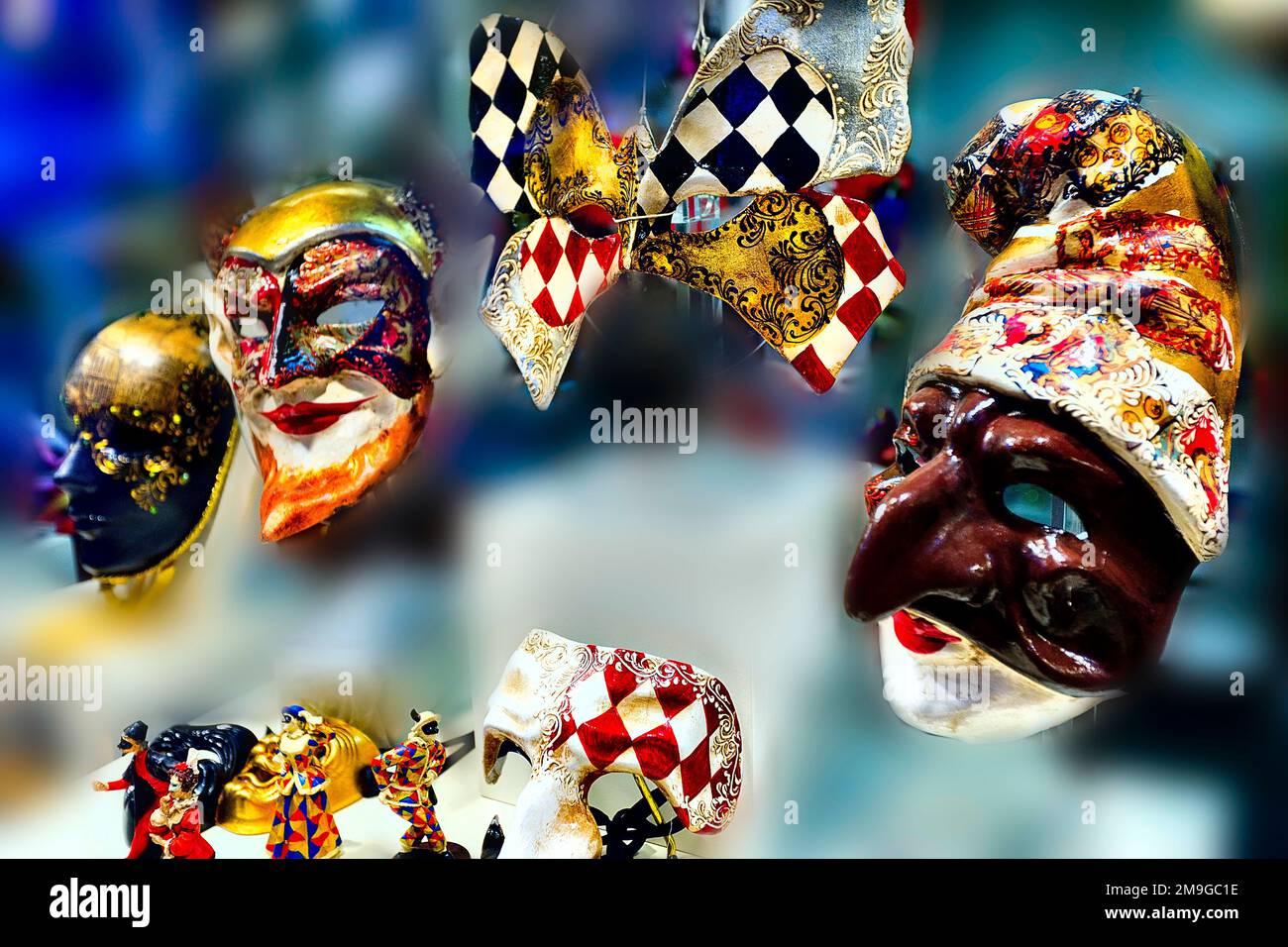 Primo piano delle maschere di carnevale, Venezia, Italia Foto Stock