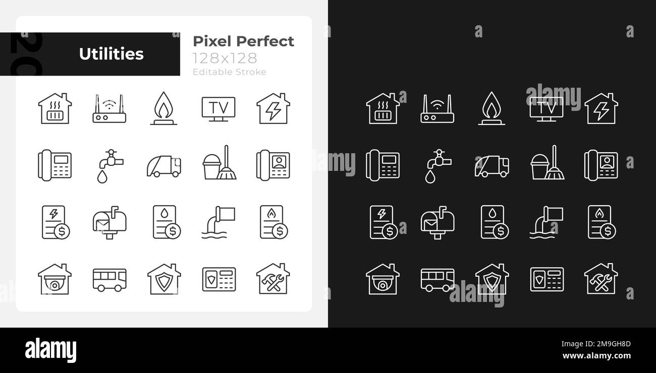 Icone lineari pixel Perfect per le utility pubbliche impostate per la modalità scura e chiara Illustrazione Vettoriale