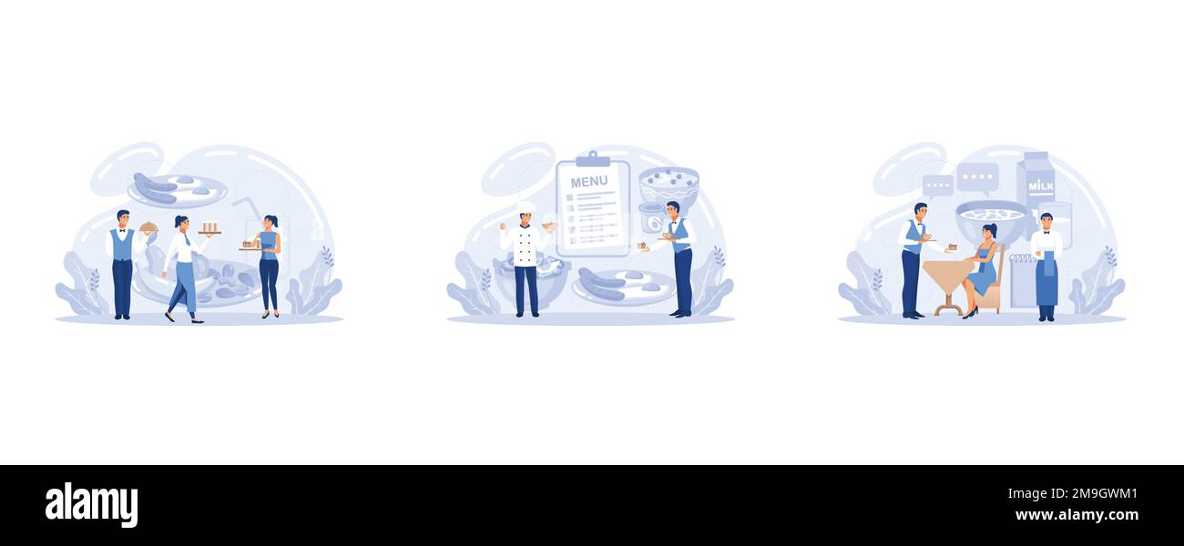 Banner Web del cameriere o pagina di destinazione impostata. Personale del ristorante in uniforme, servizio catering, set piatto vettore moderna illustrazione Illustrazione Vettoriale