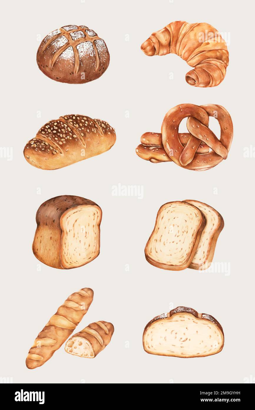 Set di pane fresco vettoriale fatto a mano Illustrazione Vettoriale