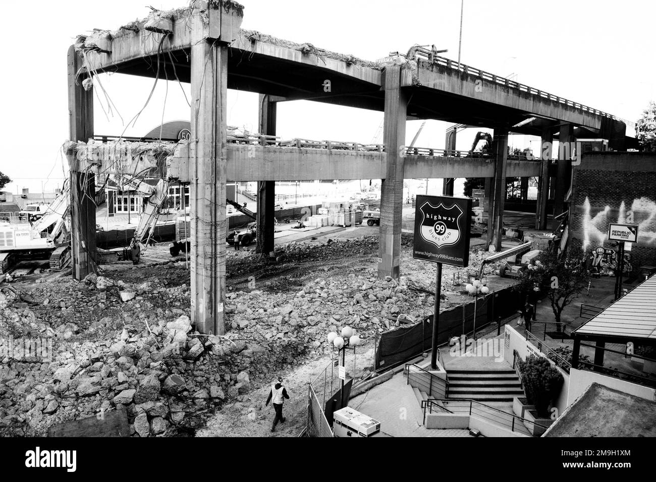 Vista della demolizione del viadotto, Seattle, Washington, Stati Uniti Foto Stock