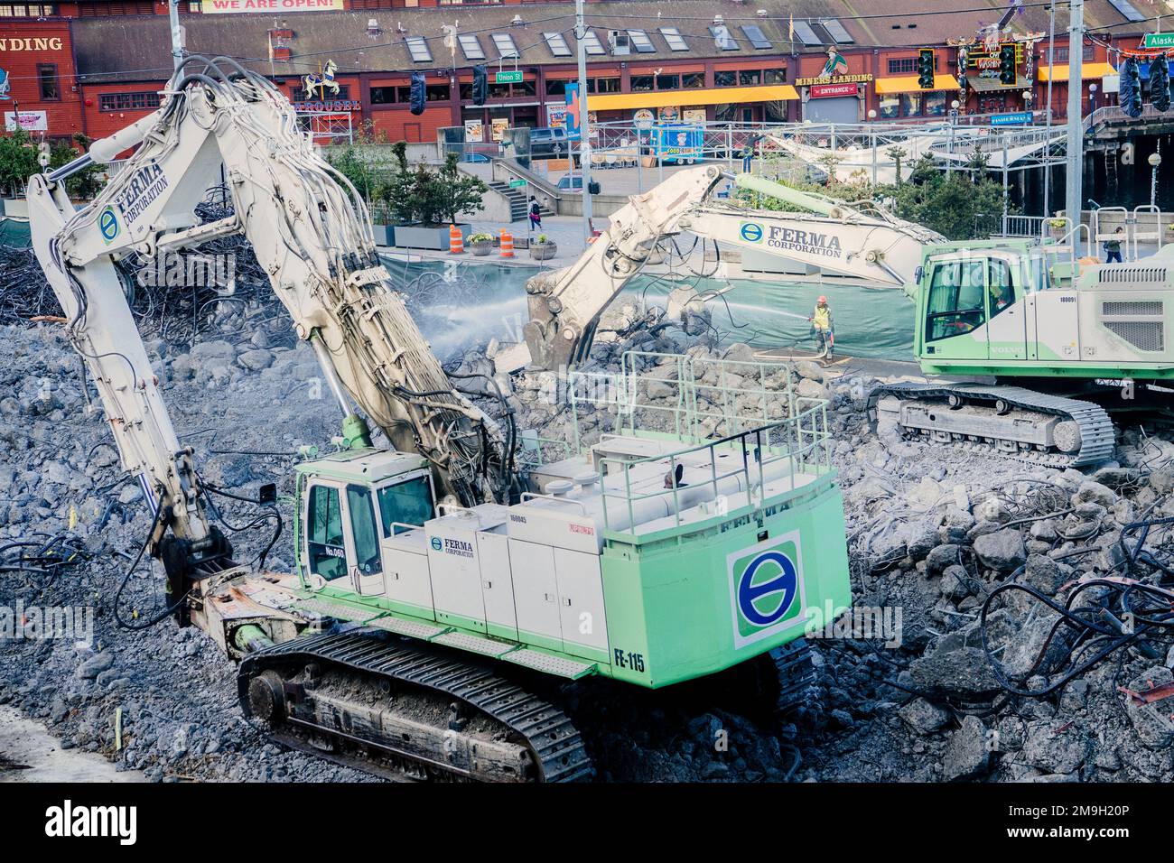 Vista della distruzione del viadotto, Seattle, Washington, USA Foto Stock