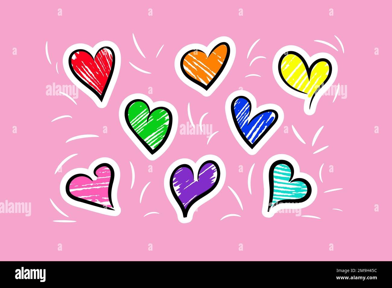 Semplici cuori di doodle. Adesivi disegnati a mano Illustrazione Vettoriale