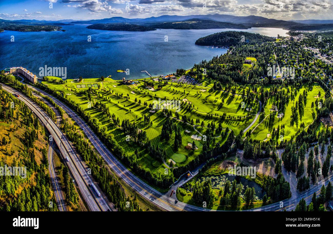 Vista aerea del campo da golf, Coeur d Alene, Idaho, Stati Uniti Foto Stock