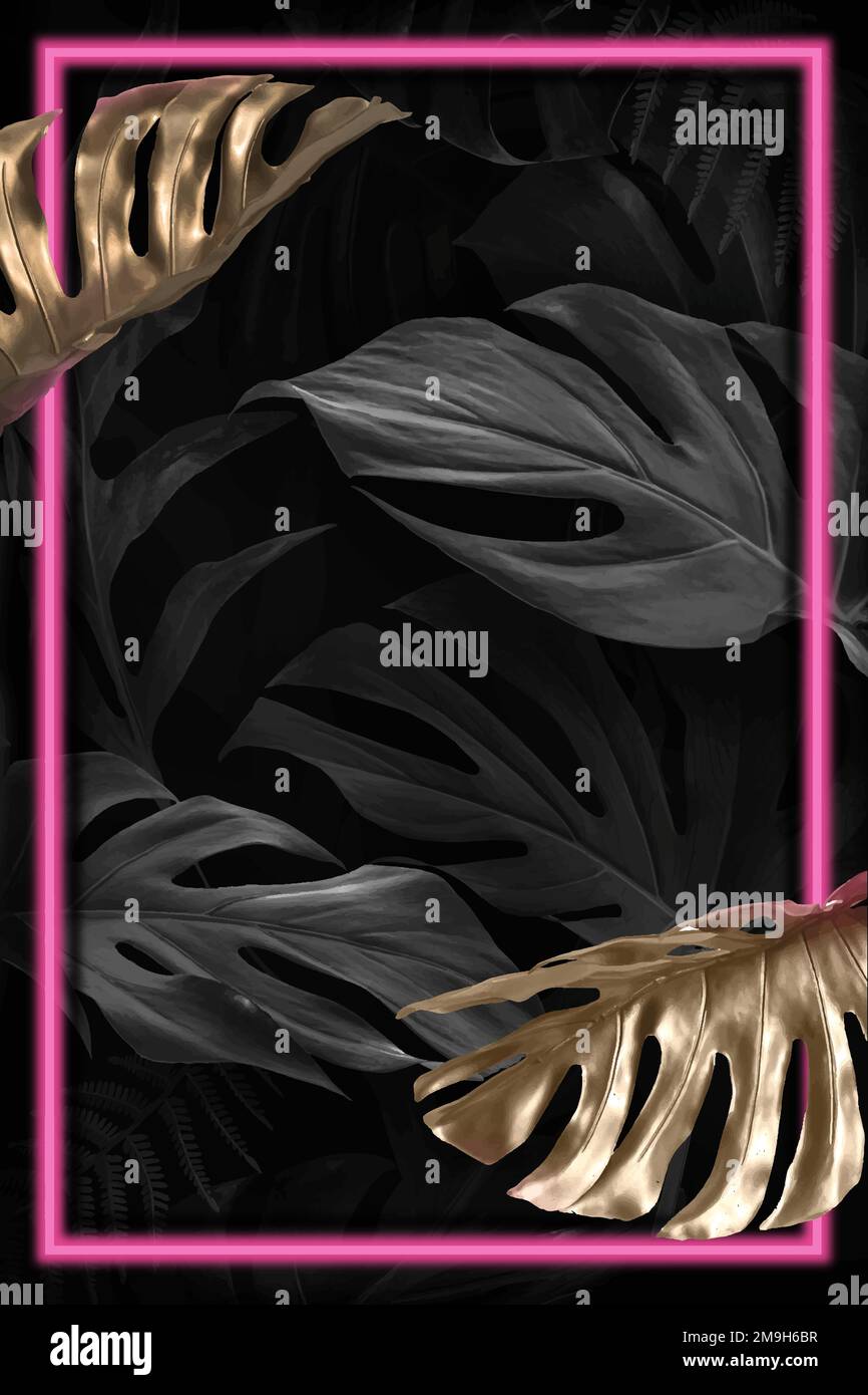 La monstera rossa al neon lascia il vettore delle risorse di progettazione del telaio Illustrazione Vettoriale