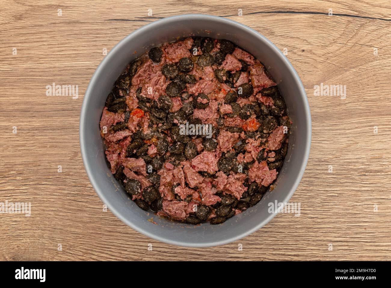 Cibo umido mescolato con cibo secco per cani in un recipiente in ceramica, vista dall'alto. Foto Stock