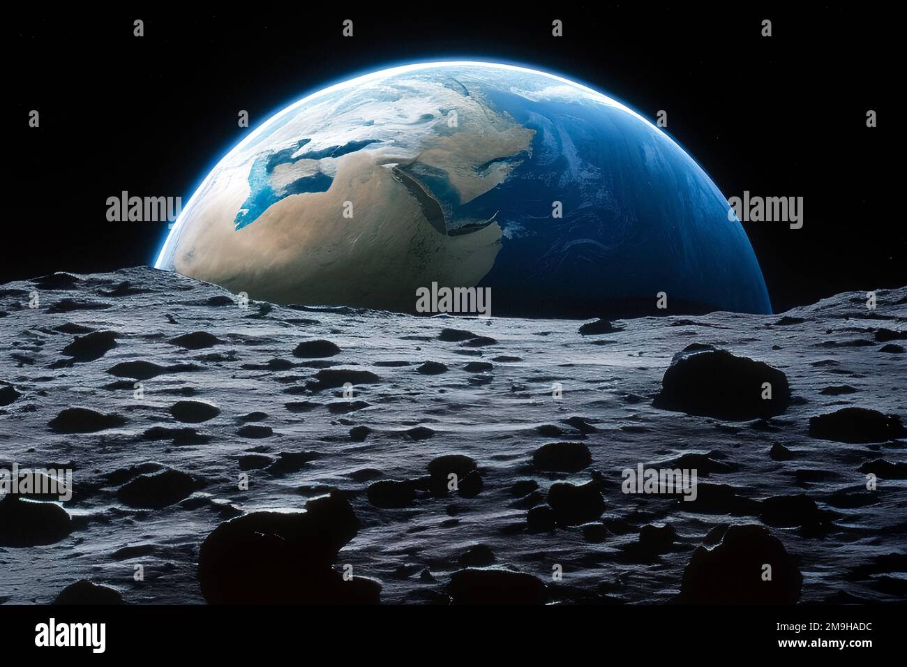 illustrazione, fotografia. Vista della terra blu dalla superficie lunare Foto Stock