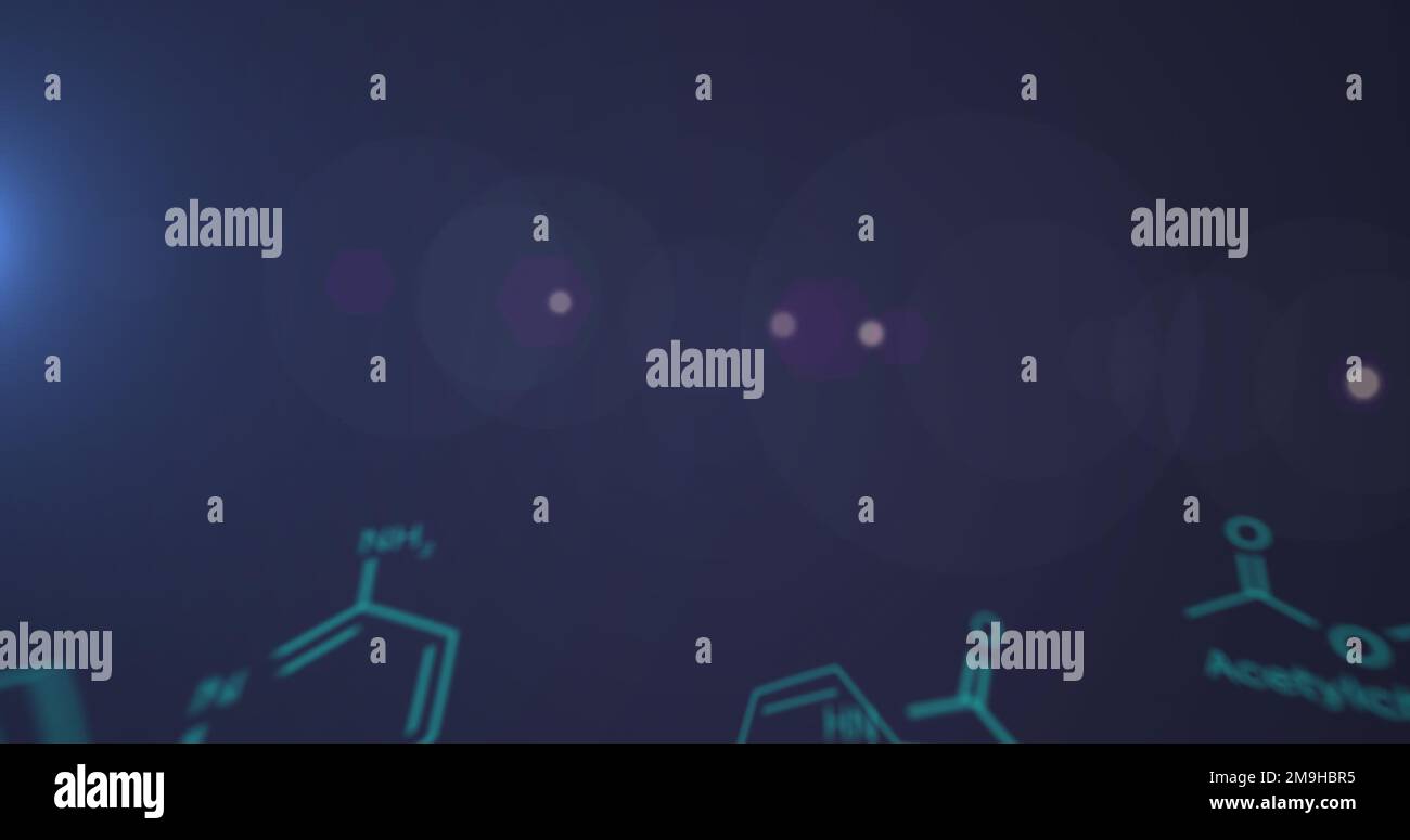 Composizione dei punti luminosi sulla formula chimica su sfondo nero Foto Stock