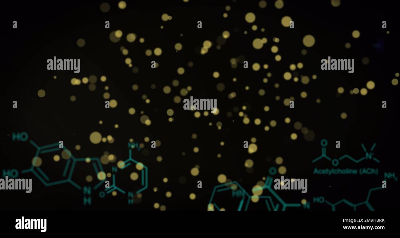 Composizione dei punti luminosi sulla formula chimica su sfondo nero Foto Stock