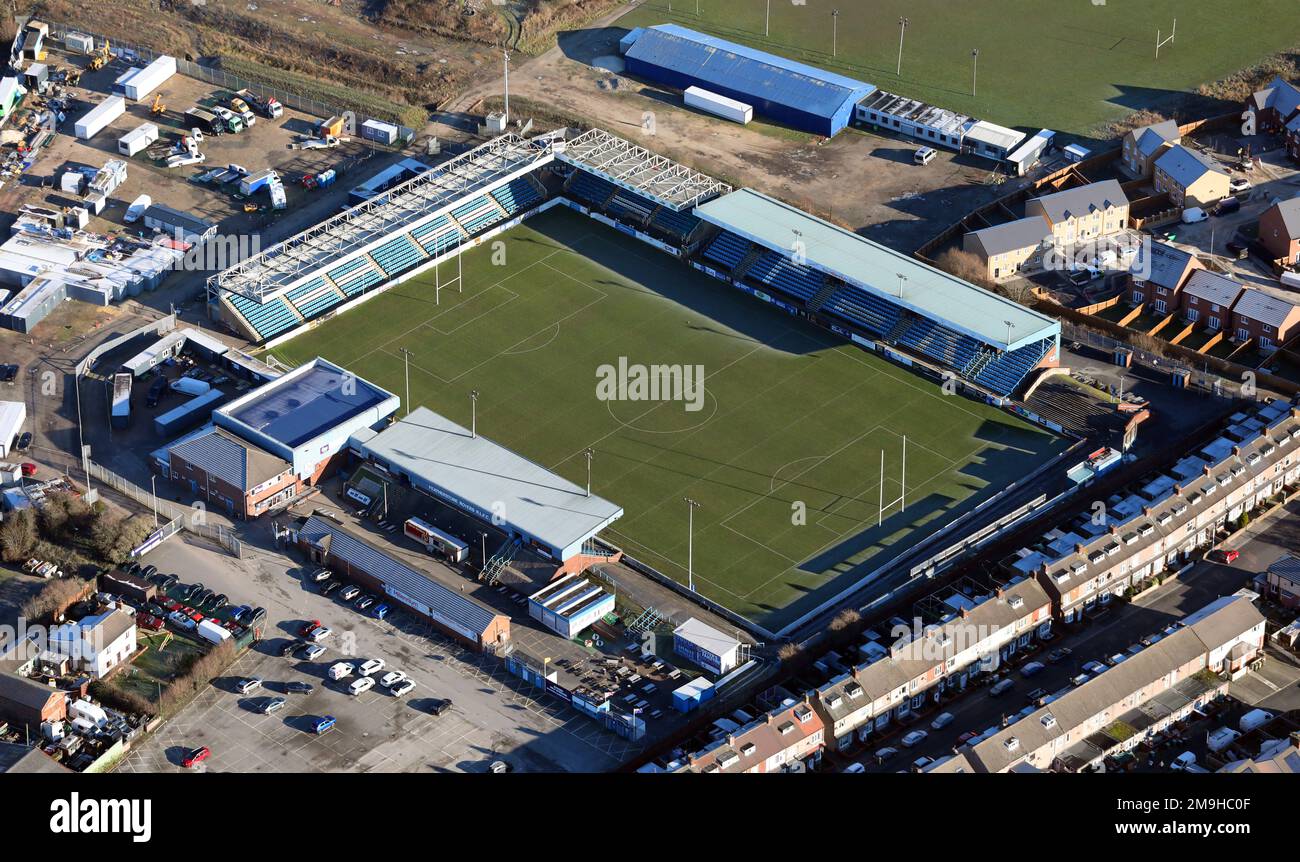 Vista aerea del Featherstone Rovers Millennium Stadium presso Post Office Road, Featherstone, West Yorkshire Foto Stock