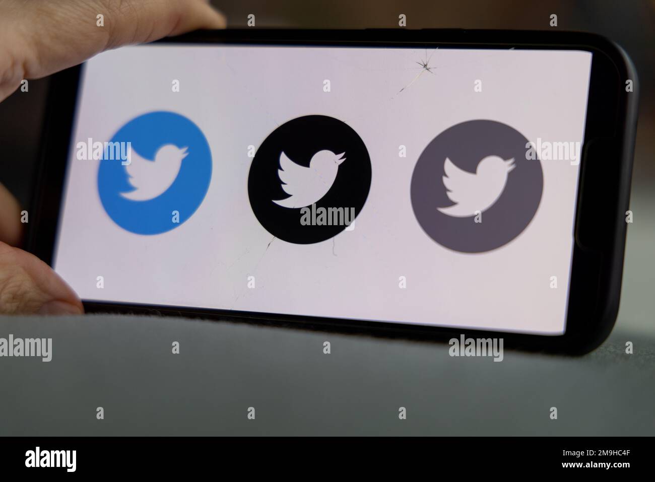 Tenere in mano uno smartphone con l'icona Twitter sullo schermo. IPhone con il logo di un'app per social media. Amsterdam, Paesi Bassi 2023.01.01 Foto Stock