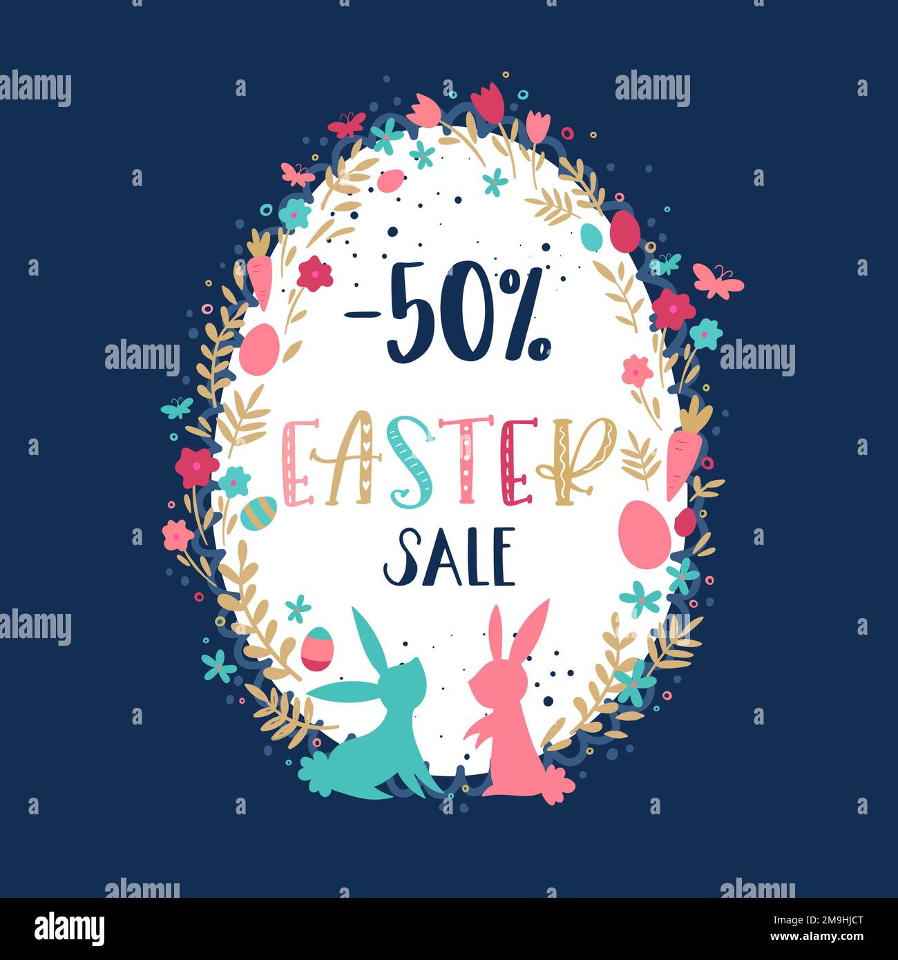 Cute mano disegnata disegno di vendita di Pasqua con coniglietti, fiori, uova di pasqua, sfondo bello, grande per la pubblicità di Pasqua, banner, sfondi - vect Illustrazione Vettoriale
