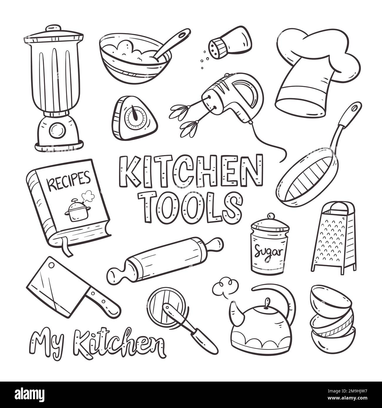 Doodle utensili da cucina ed elettrodomestici. Bella illustrazione con oggetti di cottura isolati in formato vettoriale. Collezione utensili da cucina. Figura 1 della Illustrazione Vettoriale