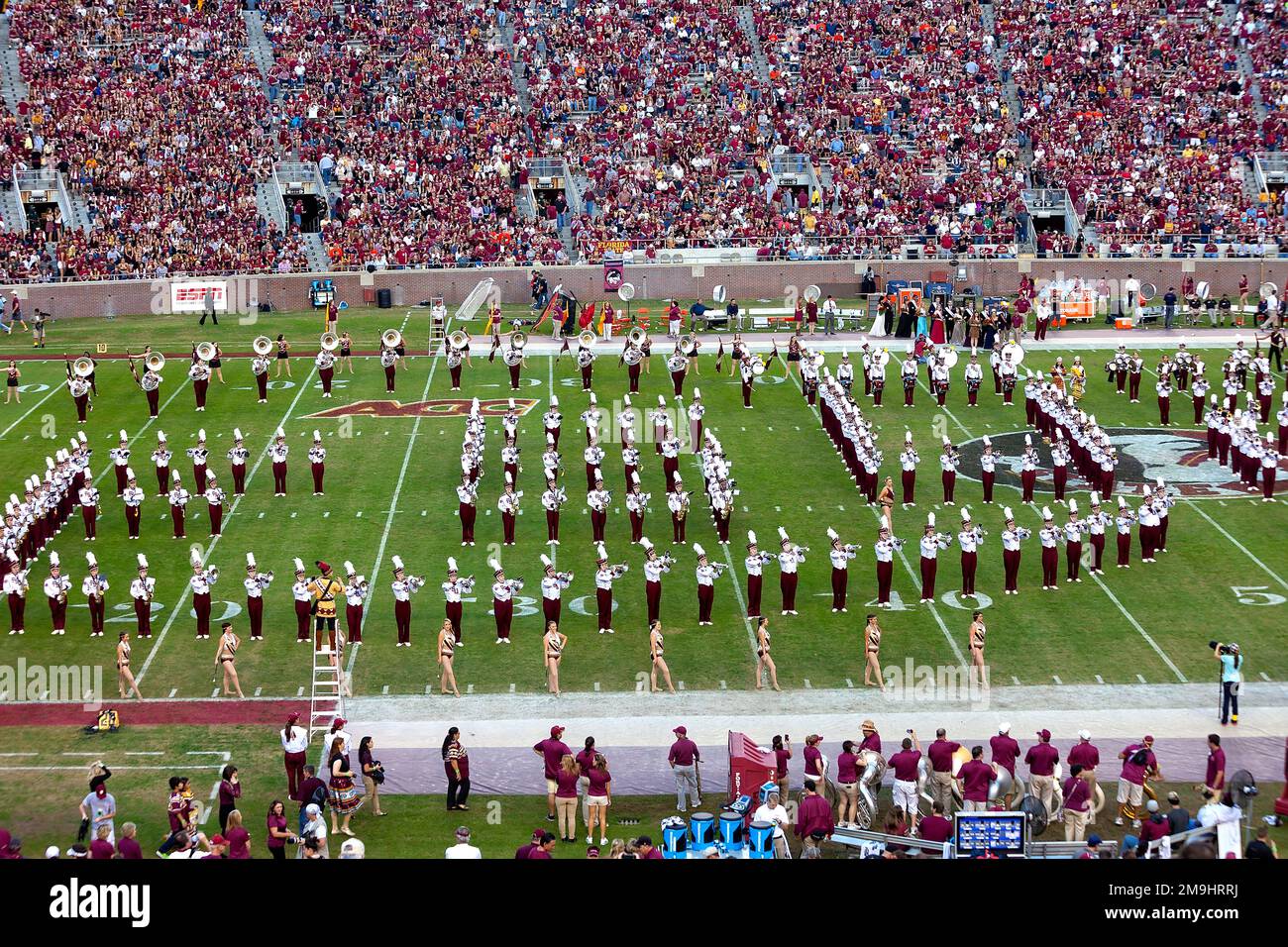 Tallahassee, Florida - 16 novembre 2013: La band Marching Chief della Florida state University prende il campo durante l'intervallo di tempo durante una partita di calcio a casa Foto Stock