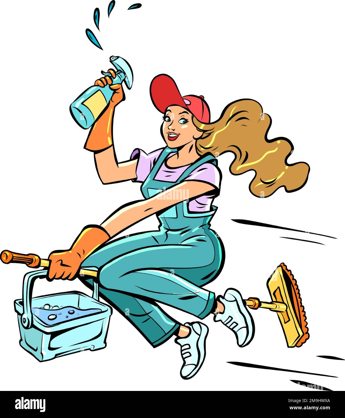 Una donna janitor. Servizio di pulizia. Ragazza su un bastone, un canitor, una strega Illustrazione Vettoriale