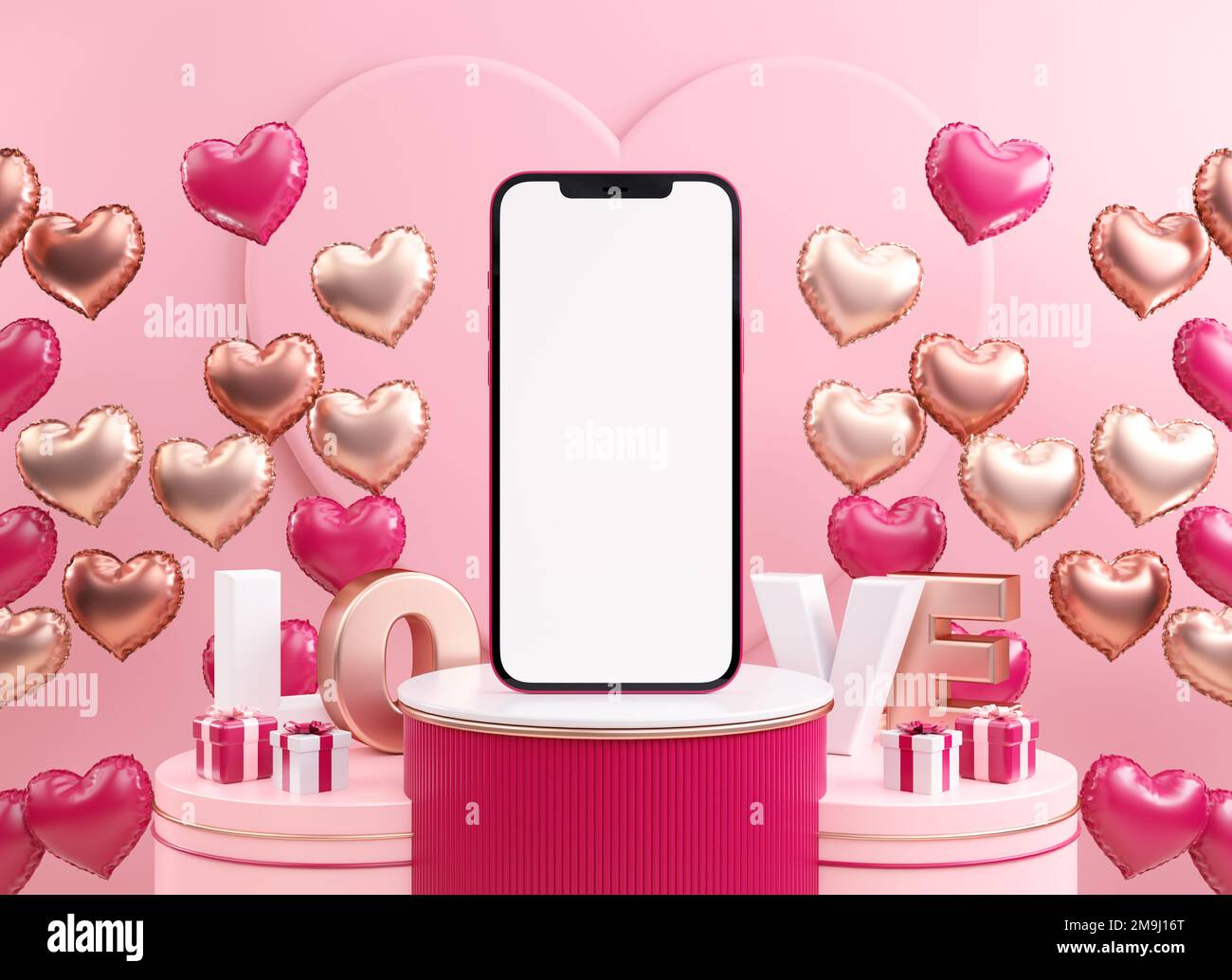 San Valentino telefono cellulare schermo vuoto mockup con palloncini di cuore su uno sfondo rosa in 3D rendering Foto Stock