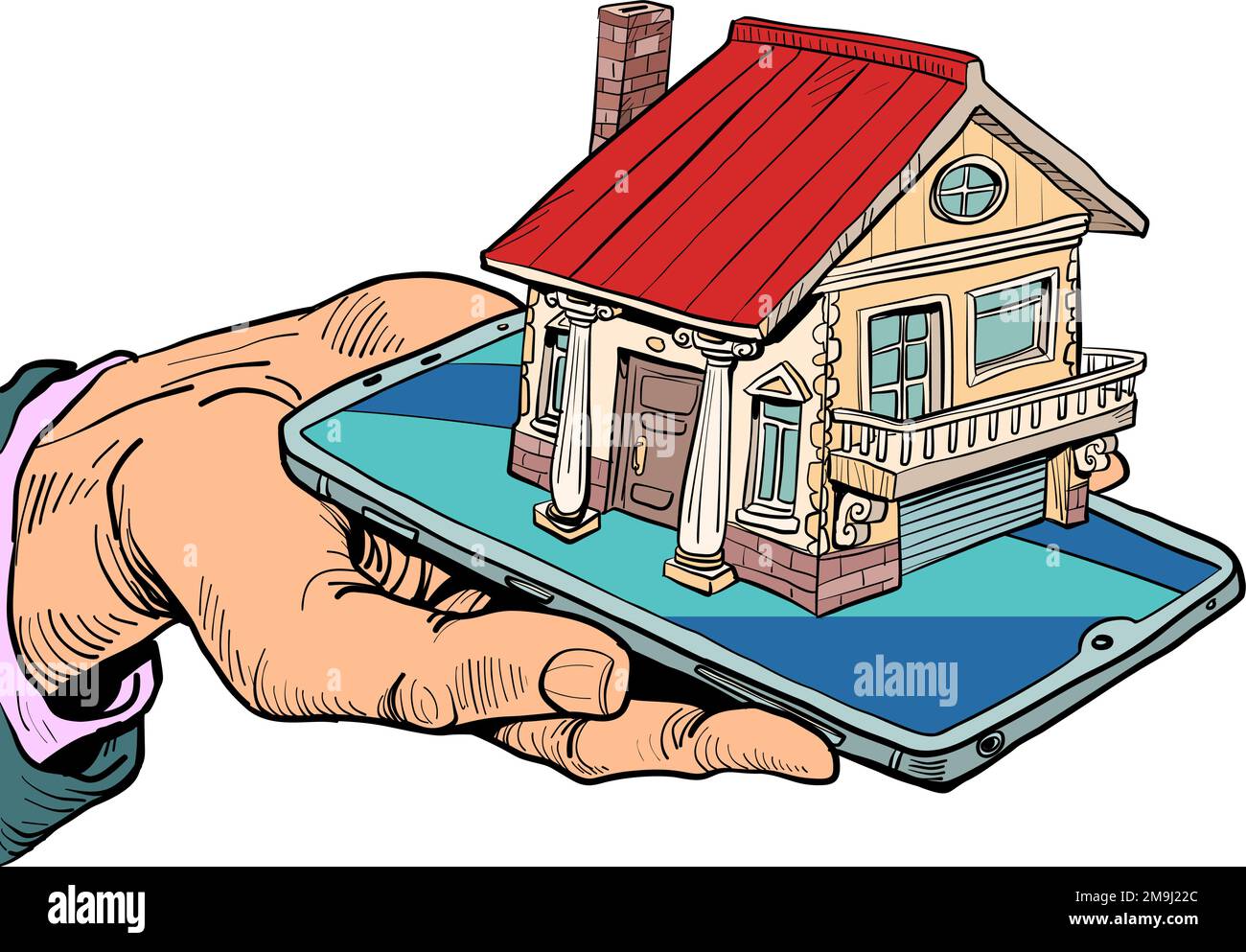 Una casa accogliente e bella con un tetto rosso, un garage, un camino e diverse finestre. Proposta di acquisto di immobili, immobili Illustrazione Vettoriale