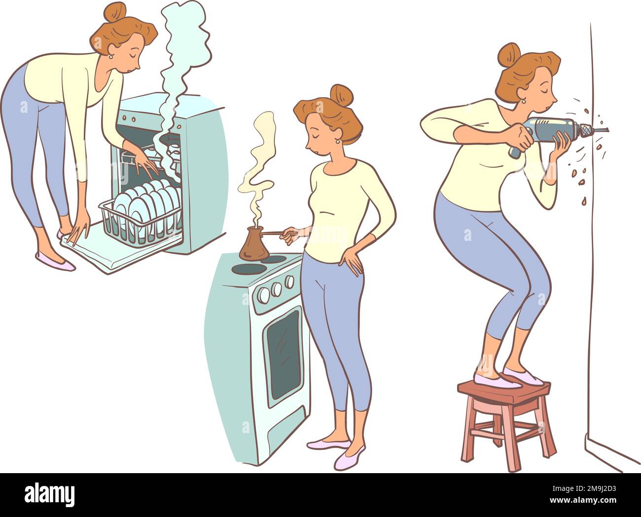 Una ragazza con un taglio di capelli rosso prepara il caffè e la prima colazione, utilizza una lavastoviglie e fora un muro con un trapano. La routine domestica di una donna che è nel paese Illustrazione Vettoriale