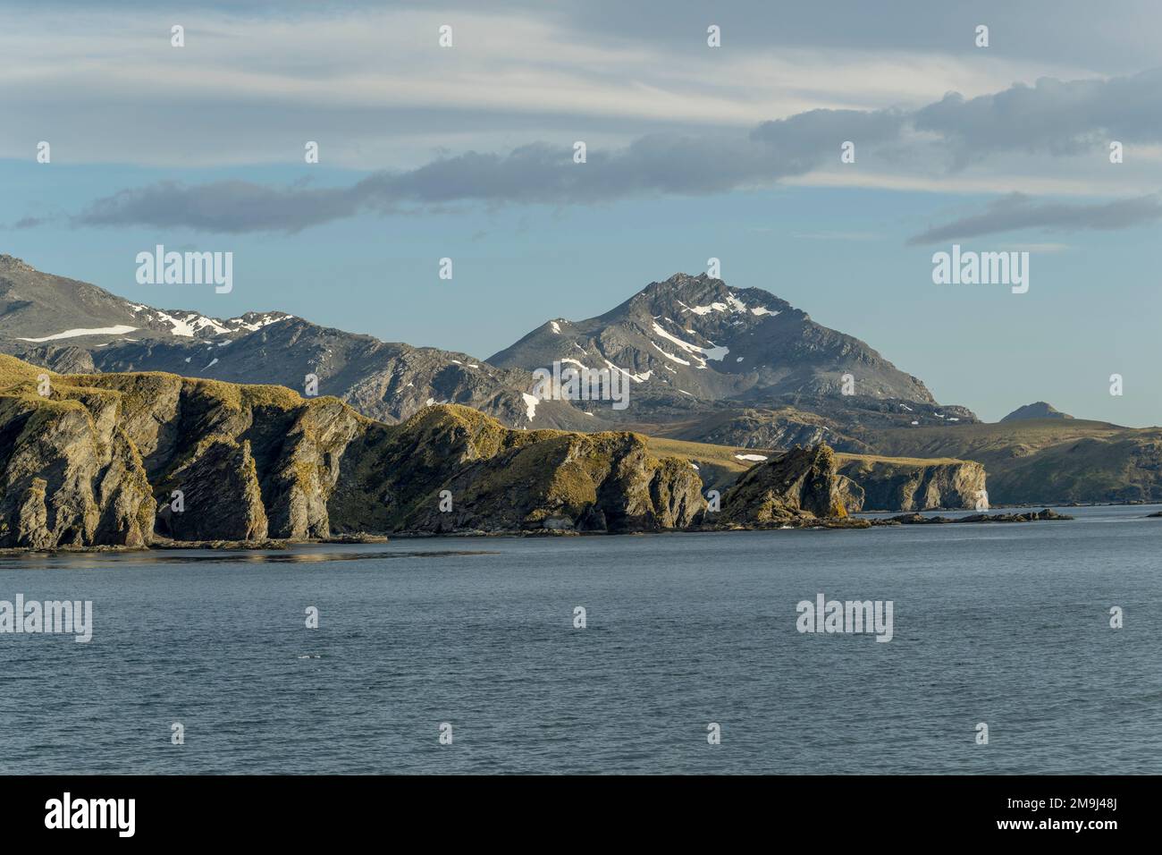 Vista delle montagne a Gold Harbor, South Georgia Island, Sub-Antartide. Foto Stock