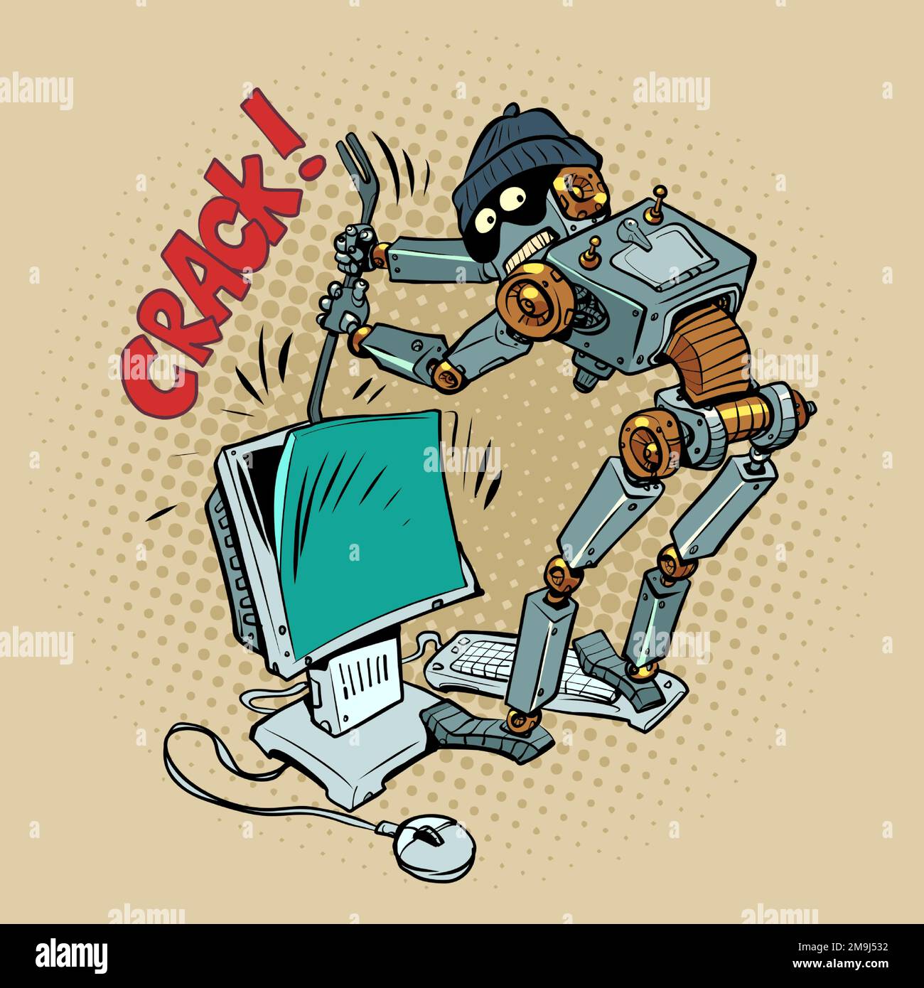Un robot umanoide rapinatore e un ladro in un cap hacks nel vostro computer. Il problema della sicurezza e dell'autenticazione nello spazio digitale. Attacco di Illustrazione Vettoriale