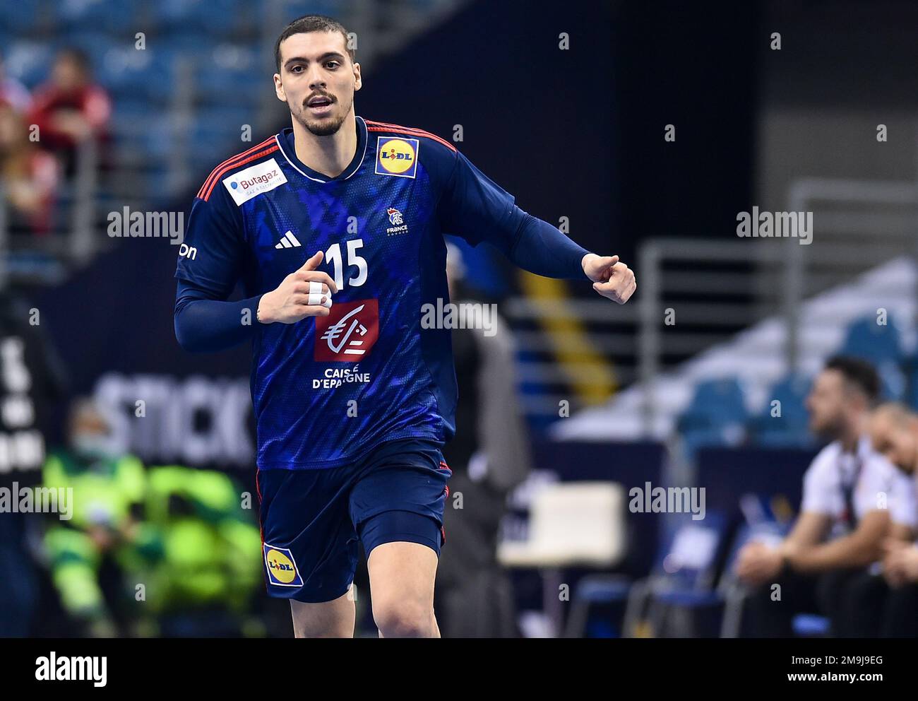 Cracovia, Polonia. 18th Jan, 2023. Mathieu Grebille durante la partita IHF del Campionato del mondo maschile tra Francia e Montenegro il 18 gennaio 2023 a Cracovia, Polonia. (Foto di PressFocus/Sipa USA) Credit: Sipa USA/Alamy Live News Foto Stock