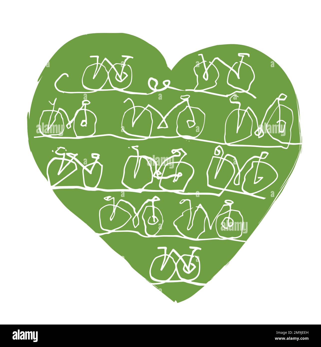 Adoro il ciclismo, il trasporto verde, la linearizzazione. Illustrazione di bicicli a forma di cuore verde. Disegno a linea continua. Isolato su sfondo bianco. Illustrazione Vettoriale