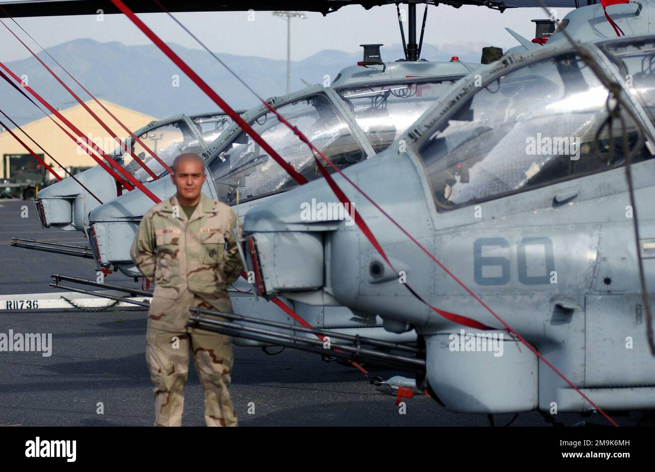 US Marine Corps (USMC) Lance Corporal (LCPL) Greg Rivera assegnato a Marine Light Attack Helicopter Squadron 169 (HMLA-169), si trova di fronte a una fila di USMC AH-1W Super Cobra Helicopters parcheggiato sulla linea di volo presso la base della riserva aerea di marzo (ARB), California, durante l'operazione CHE PERCORRE LA LIBERTÀ. (Immagine substandard). Soggetto operativo/Serie: ENDURING FREEDOM base: March Air Reserve base Stato: California (CA) Paese: Stati Uniti d'America (USA) Foto Stock
