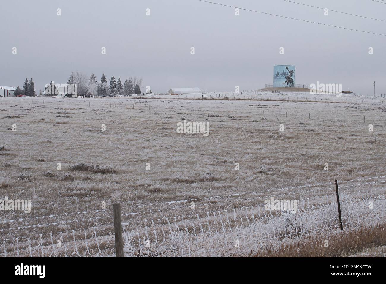 Gillette, Wyoming - 25 gennaio 2019: Torre dell'acqua con dipinto a cavaliere senza testa vicino a Sleepy Hollow a Gillette, Wyoming in una fredda giornata invernale. Foto Stock