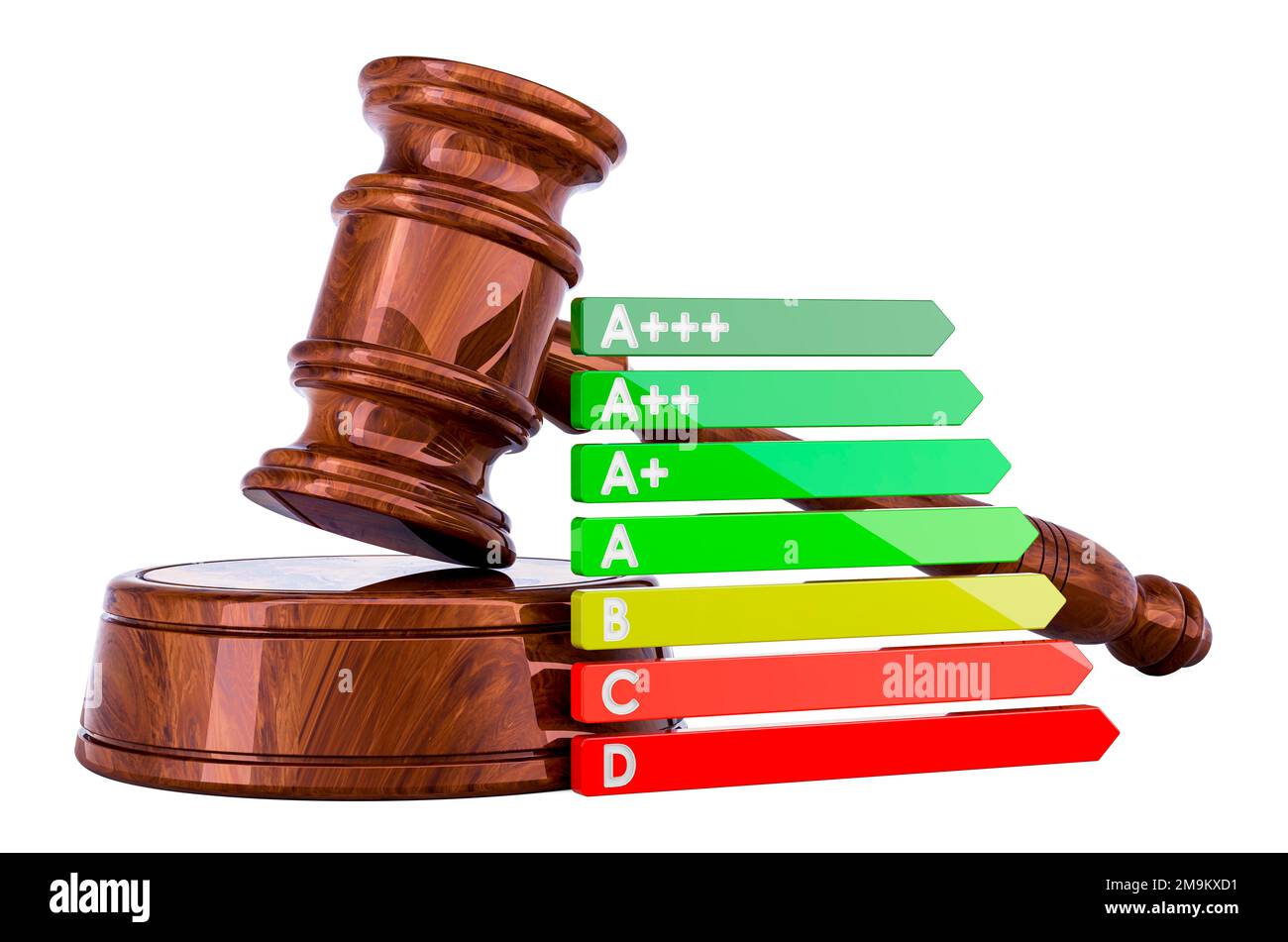 Gavel di legno con grafico di efficienza energetica, rendering 3D isolato su sfondo bianco Foto Stock