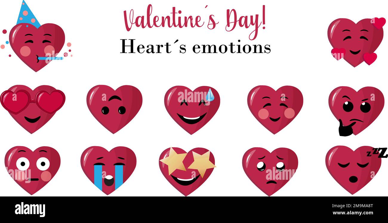 Set di emozioni facciali del cuore. Bel disegno di cartoni animati di icone del cuore, collezione emoji per San Valentino. Illustrazione Vettoriale
