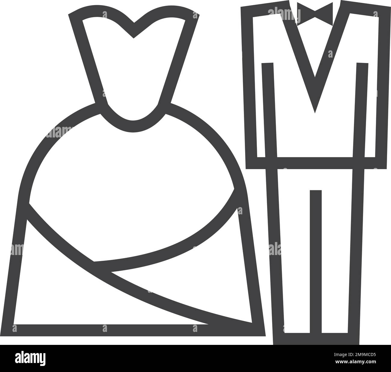 Simbolo del matrimonio. Icona della linea abiti sposa e sposo Illustrazione Vettoriale