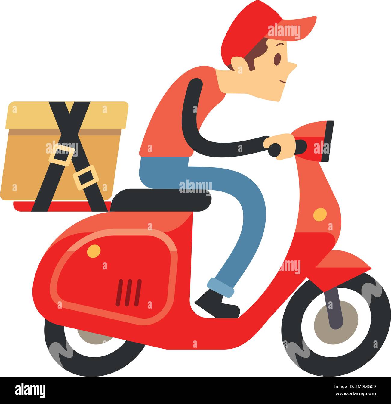 Corriere di consegna in scooter. Servizio di spedizione rapido Illustrazione Vettoriale