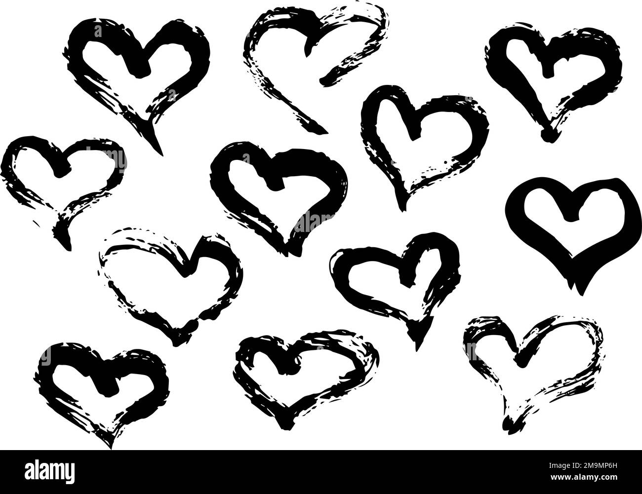 Cuori grunge dipinti a mano con pennello Illustrazione Vettoriale