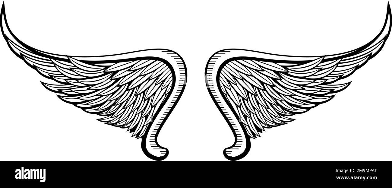 Disegno delle ali dell'angelo. Logo con penne in inchiostro nero Illustrazione Vettoriale