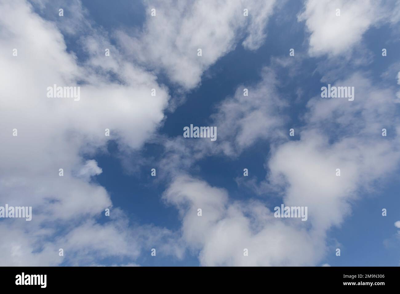 Cielo blu con bianche nuvole di seta e un uccello che vola in lontananza proprio al centro Foto Stock