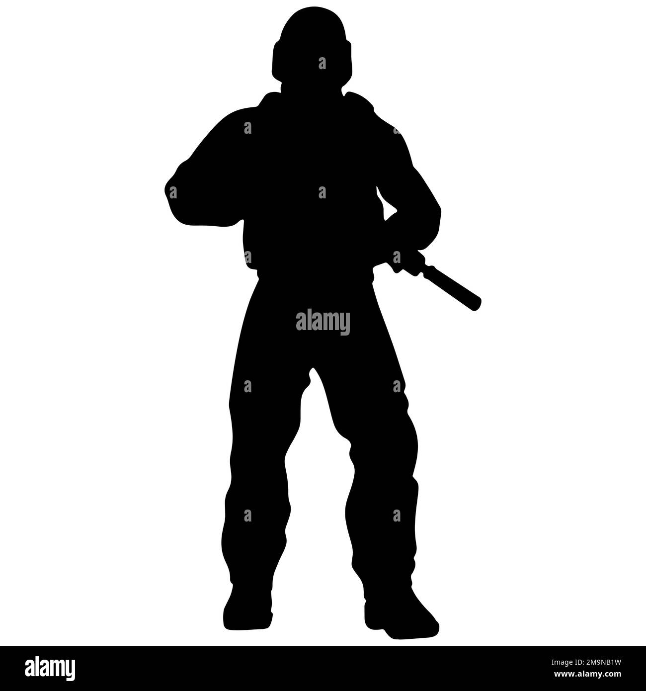 Silhouette bianca e nera di un soldato con un'arma. Un soldato delle forze speciali punta e spara un fucile o una mitragliatrice contro il nemico Foto Stock