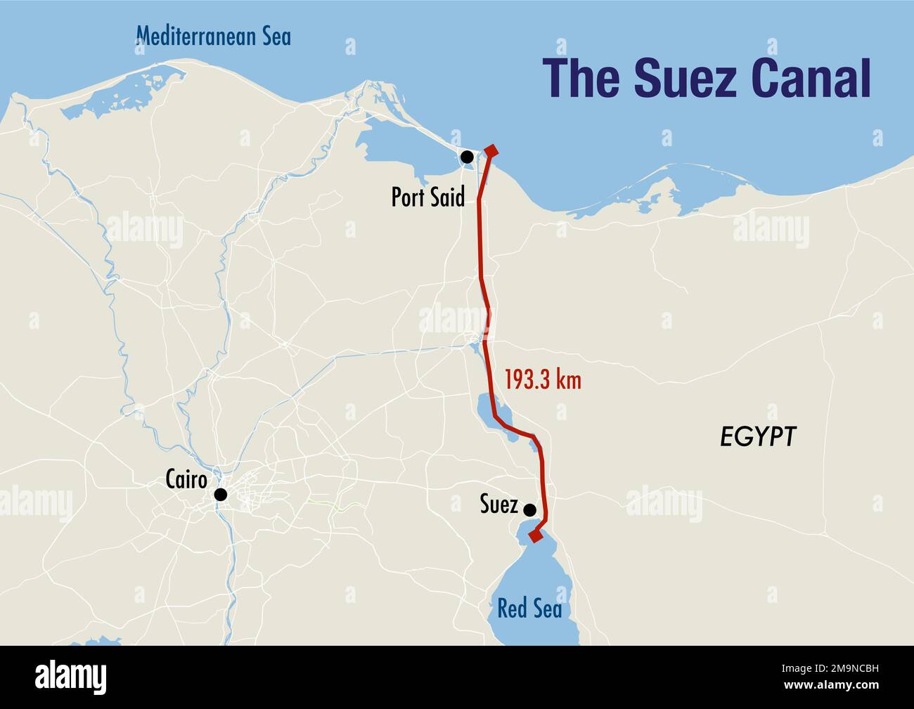 Mappa del canale di Suez, che illustra il percorso dal Mediterraneo al Mar Rosso Foto Stock
