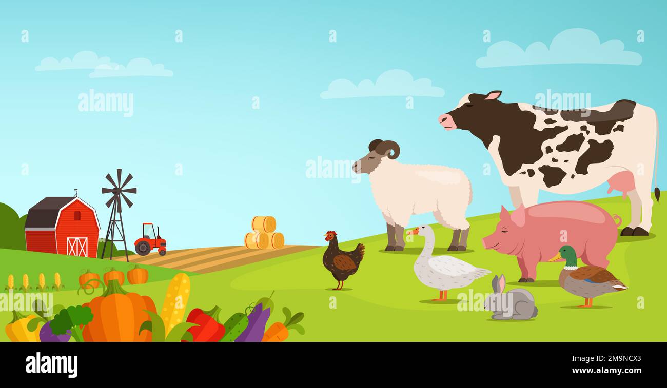Paesaggio di fattoria con animali domestici. Paesaggio cartone animato scena Illustrazione Vettoriale