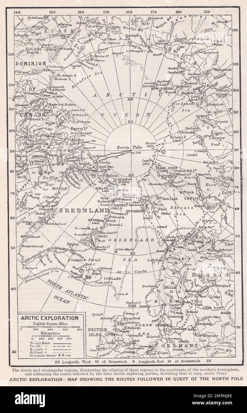 Mappa vintage dell'esplorazione artica che mostra i percorsi seguiti in ricerca del Polo Nord. Foto Stock