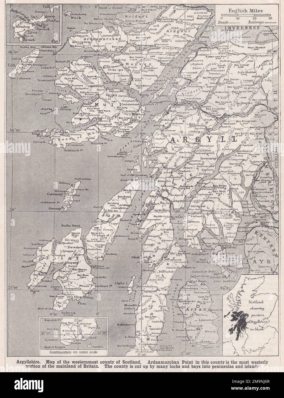 Argyllshire - Mappa d'epoca della contea più occidentale della Scozia. Foto Stock