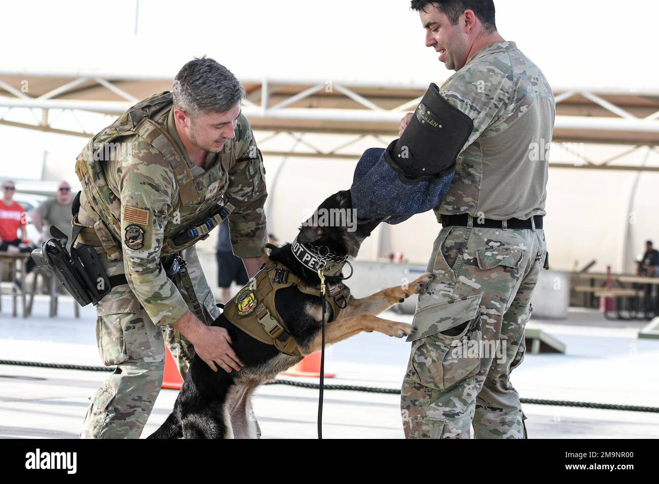 Il personale Sgt. Jacob Yarborough e il personale Sgt. Sean Tucker, entrambi 380th operatori militari di cane delle forze di sicurezza di spedizione Squadron, insieme a Teri, un 380th ESFS MWD, hanno messo in mostra per la settimana nazionale della polizia, 20 maggio 2022 alla base aerea di al Dhafra, Emirati Arabi Uniti. I militari statunitensi utilizzano MDD in tutte le filiali di servizio e sono addestrati per lavori specifici, tra cui monitoraggio, rilevamento di esplosivi, pattuglia, ricerca e salvataggio, e attacco. Foto Stock