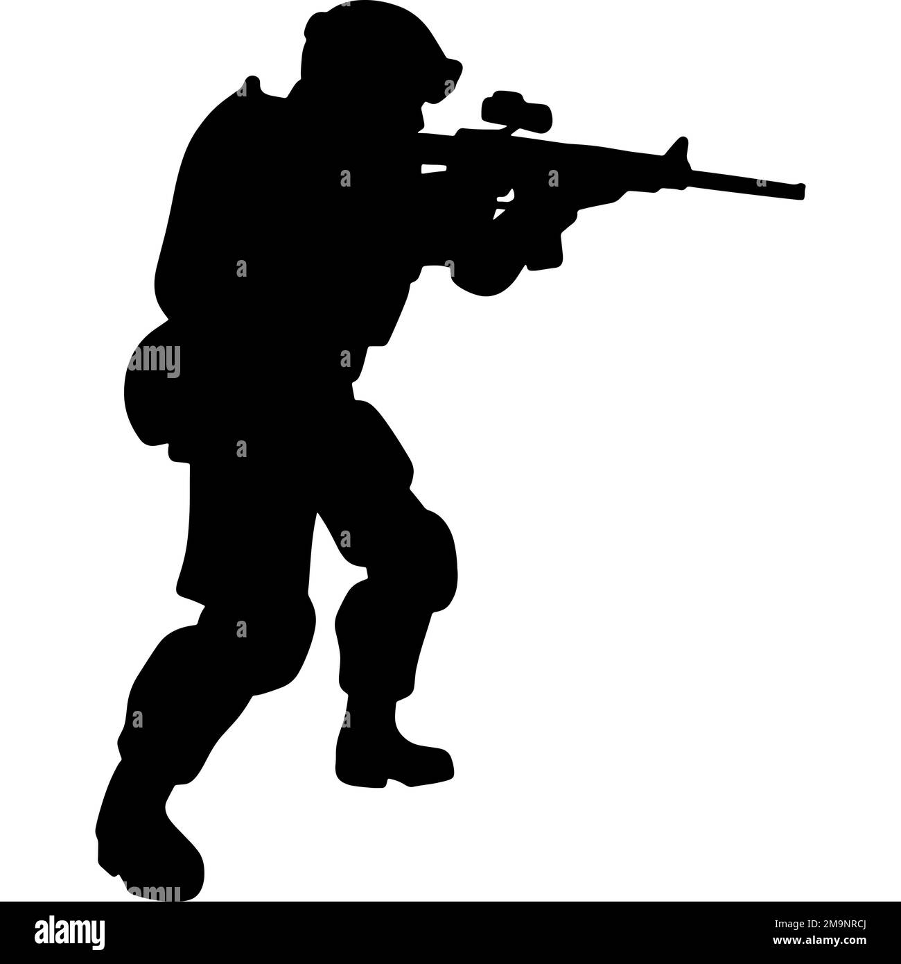 Silhouette bianca e nera di un soldato con un'arma. Un soldato delle forze speciali punta e spara un fucile o una mitragliatrice contro il nemico Foto Stock