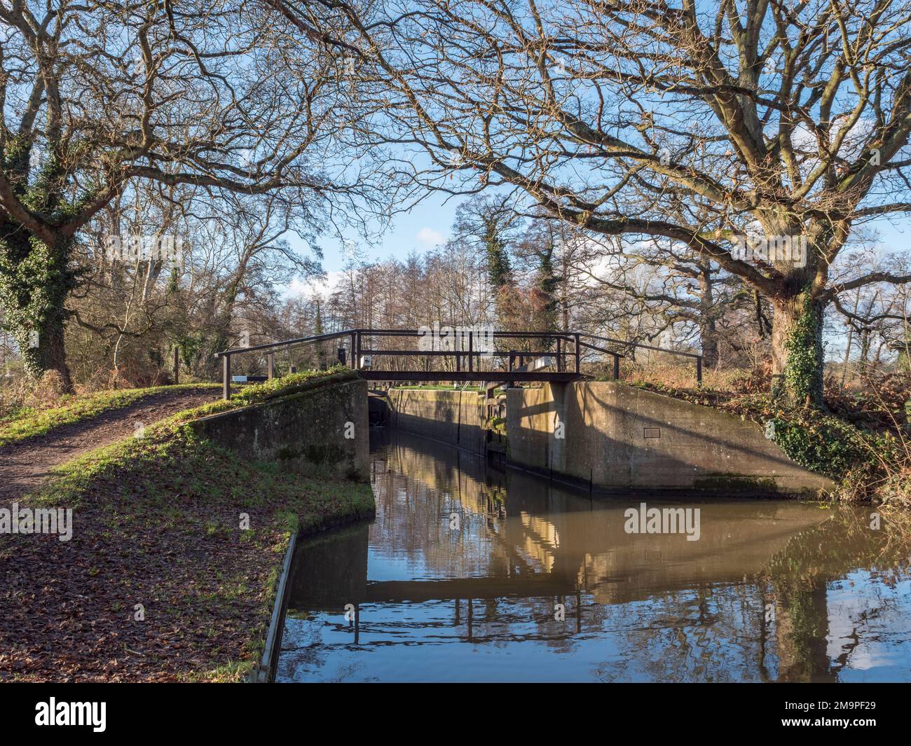 Newark Lock sul fiume Wye a Ripley, Woking, Surrey, Regno Unito. Foto Stock